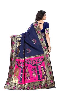 Navy Blue Woven Jacquard Saree With Blouse 3