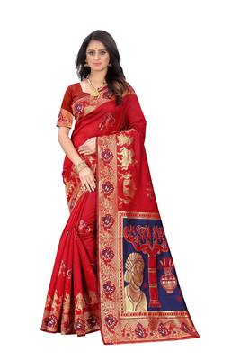Red Woven Jacquard Saree With Blouse 1