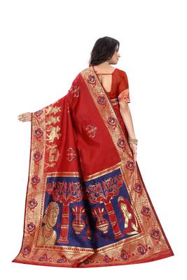 Red Woven Jacquard Saree With Blouse 3