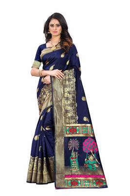 Navy Blue Woven Jacquard Saree With Blouse 1