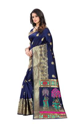 Navy Blue Woven Jacquard Saree With Blouse 2