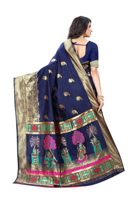 Navy Blue Woven Jacquard Saree With Blouse 3
