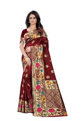 Maroon Woven Jacquard Saree With Blouse 1