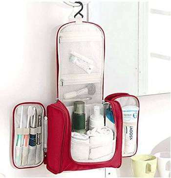 Red Hanging Waterproof Travel Cosmetic Bag Oxford Matty Set Of 1 PcsPouch Large Capacity 6