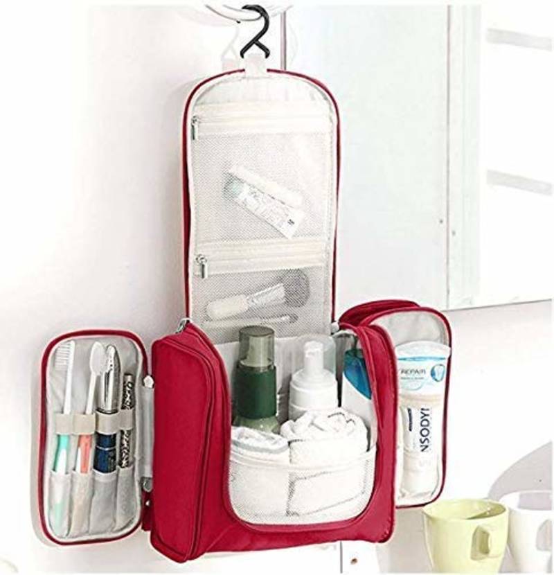 Red Hanging Waterproof Travel Cosmetic Bag Oxford Matty Set Of 1 PcsPouch Large Capacity