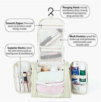 White Hanging Waterproof Travel Cosmetic Bag Oxford Matty Set Of 1 Pcs Pouch Large Capacity 5