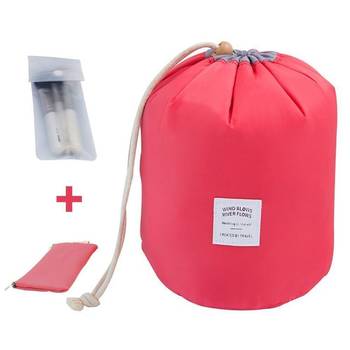 Red Round Pouch Bucket Barrel Shaped Cosmetic Bag Big Size Nylon Matty Set Of 1 Pcs 1