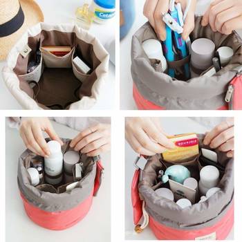 Red Round Pouch Bucket Barrel Shaped Cosmetic Bag Big Size Nylon Matty Set Of 1 Pcs 3