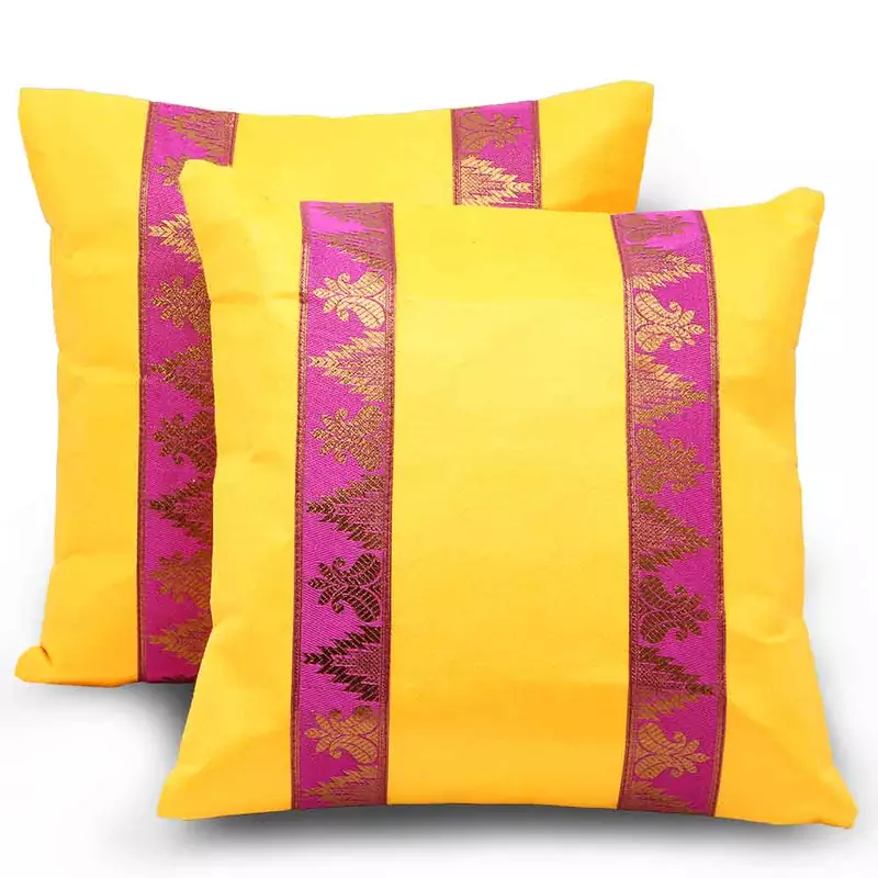 Brocade Striped 2 Pc. Yellow Cushion Covers Set