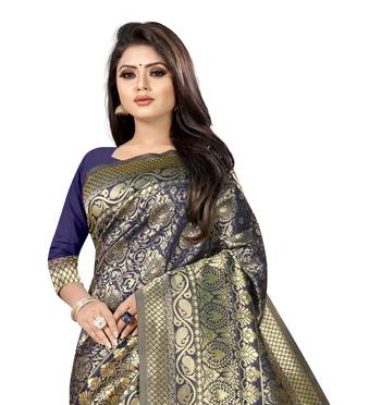 blue woven art silk saree with blouse 3