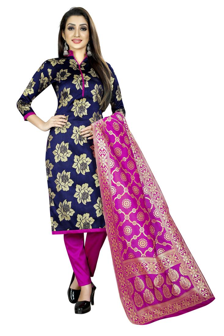 navy blue woven brocade unstitched salwar with dupatta
