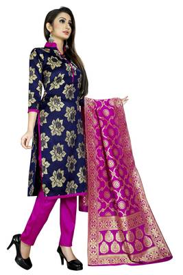 navy blue woven brocade unstitched salwar with dupatta 2