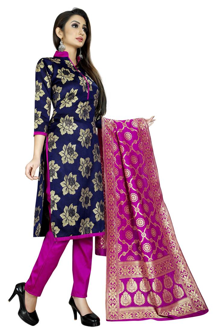 navy blue woven brocade unstitched salwar with dupatta