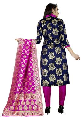 navy blue woven brocade unstitched salwar with dupatta 3