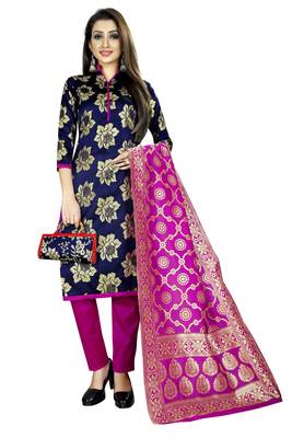 navy blue woven brocade unstitched salwar with dupatta 4