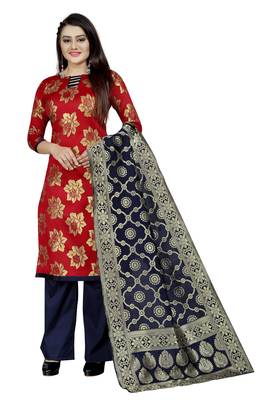 red woven brocade unstitched salwar with dupatta 1