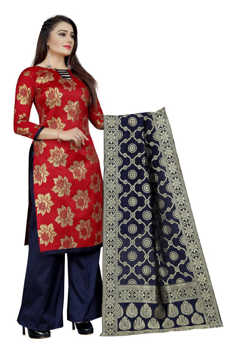 red woven brocade unstitched salwar with dupatta