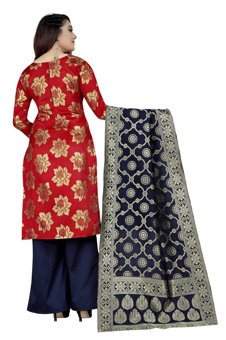 red woven brocade unstitched salwar with dupatta