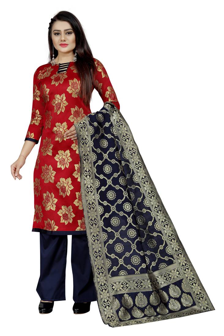 red woven brocade unstitched salwar with dupatta