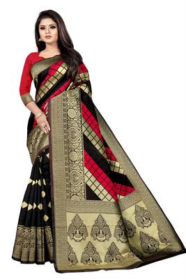 black woven art silk saree with blouse 1