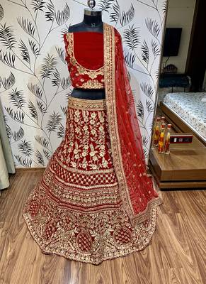 Red Embroidered Velvet Semi Stitched Lehenga 2