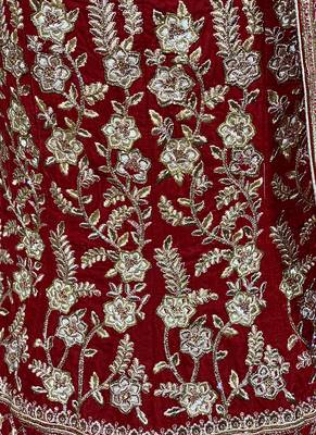 Red Embroidered Velvet Semi Stitched Lehenga 3