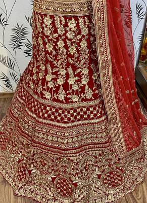 Red Embroidered Velvet Semi Stitched Lehenga 4
