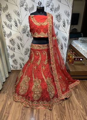 Red Embroidered Silk Semi Stitched Lehenga 1
