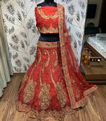 Red Embroidered Silk Semi Stitched Lehenga