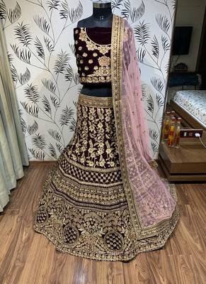Violet Embroidered Velvet Semi Stitched Lehenga 2