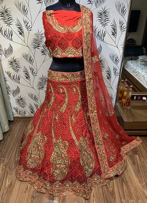 Red Embroidered Silk Semi Stitched Lehenga 2