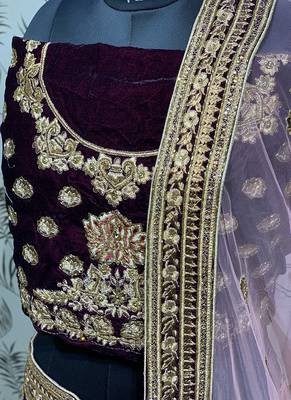 Violet Embroidered Velvet Semi Stitched Lehenga 4