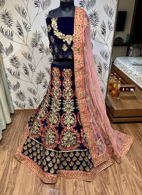 Blue Embroidered Velvet Semi Stitched Lehenga 1