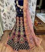 Blue Embroidered Velvet Semi Stitched Lehenga
