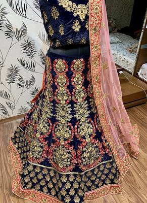 Blue Embroidered Velvet Semi Stitched Lehenga 2