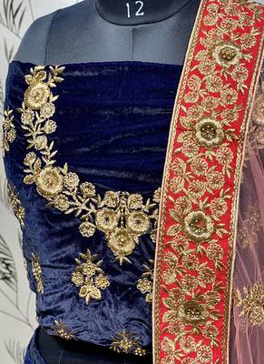 Blue Embroidered Velvet Semi Stitched Lehenga 3