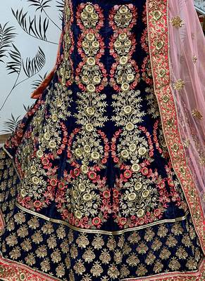 Blue Embroidered Velvet Semi Stitched Lehenga 4