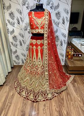 Red Embroidered Silk Semi Stitched Lehenga 1