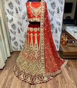 Red Embroidered Silk Semi Stitched Lehenga