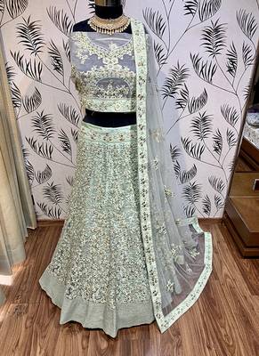 Green Embroidered Net Semi Stitched Lehenga 1