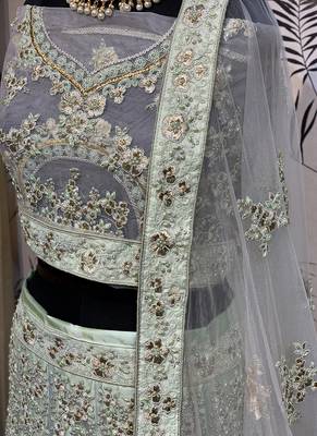 Green Embroidered Net Semi Stitched Lehenga 2