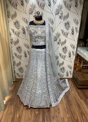 Grey Embroidered Net Semi Stitched Lehenga 1