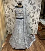 Grey Embroidered Net Semi Stitched Lehenga