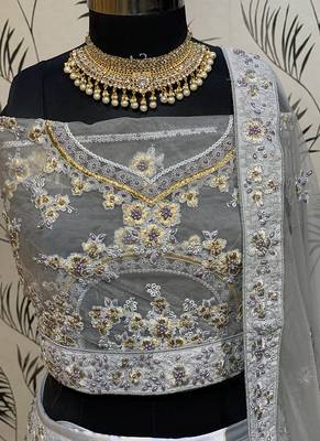 Grey Embroidered Net Semi Stitched Lehenga 2