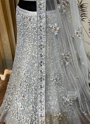 Grey Embroidered Net Semi Stitched Lehenga 3