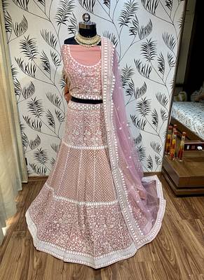 Pink Embroidered Georgette Semi Stitched Lehenga 1
