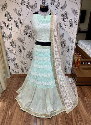 Sea-Green Embroidered Georgette Semi Stitched Lehenga 1