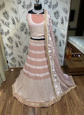 Pink Embroidered Georgette Semi Stitched Lehenga 1