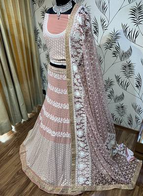 Pink Embroidered Georgette Semi Stitched Lehenga 2