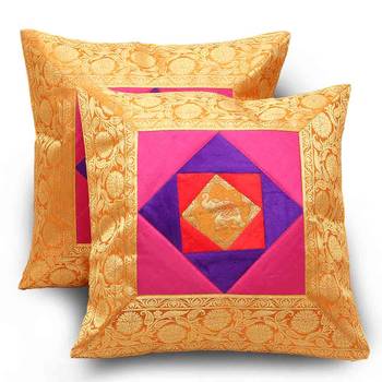 Floral Booti Design 2Pc. Golden Cushion Covers Set 1
